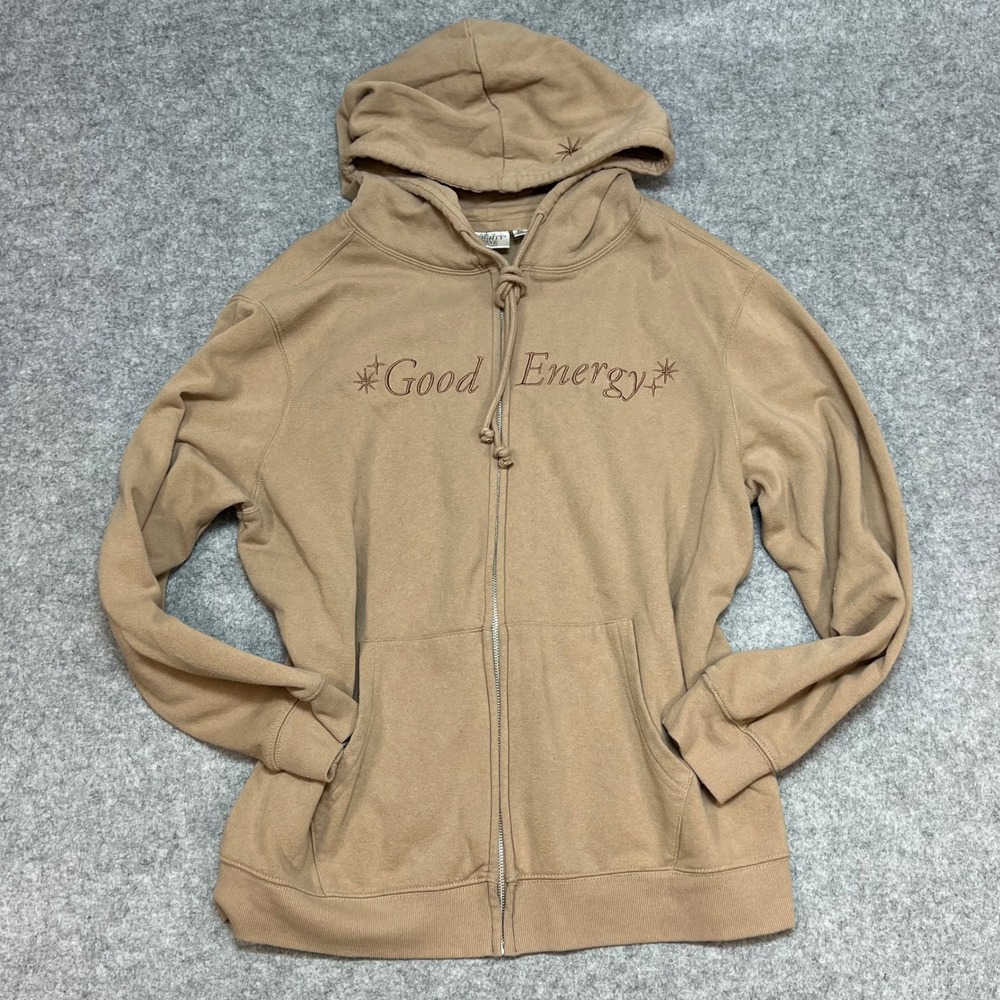 Mighty Fine "Good Energy" Full‎ Zip Hoodie Tan Graphic Sweatshirt Women's XXL